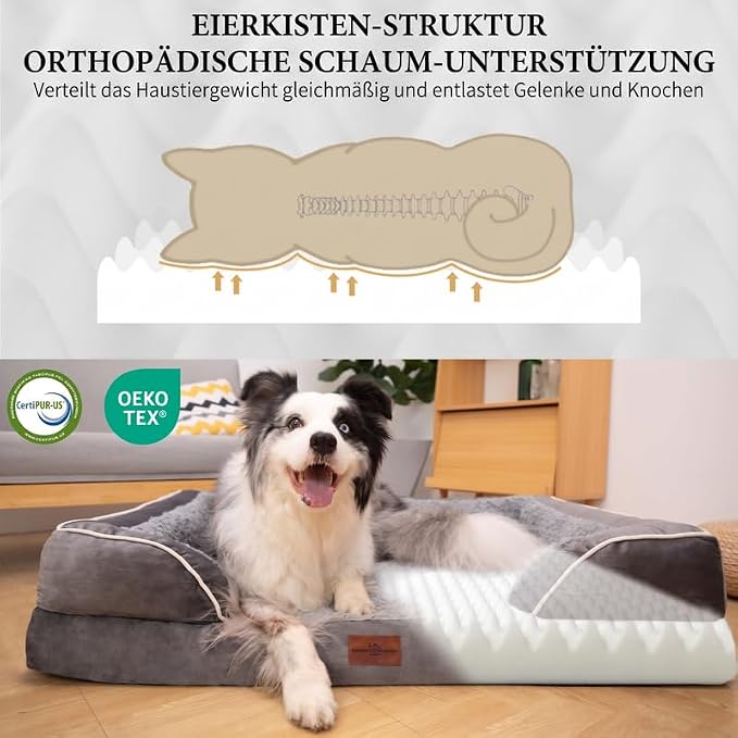 Comfort Expression Orthopedic Dog Bed for Large Dogs 35x22 Inch, Waterproof Supportive Egg Crate Foam Large Pet Bed with Removable Bolsters, Dog Couch with Washable Cover & Non-Slip Bottom, Grey