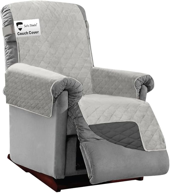 Sofa Shield® Couch Recliner Covers for Dogs, Reversible Furniture Protector with Strap, Stain and Tear Resistant Cushion Cover, 25 inch Seat, Machine Washable Slipcover Pets, Cats, Light Gray Charcoal