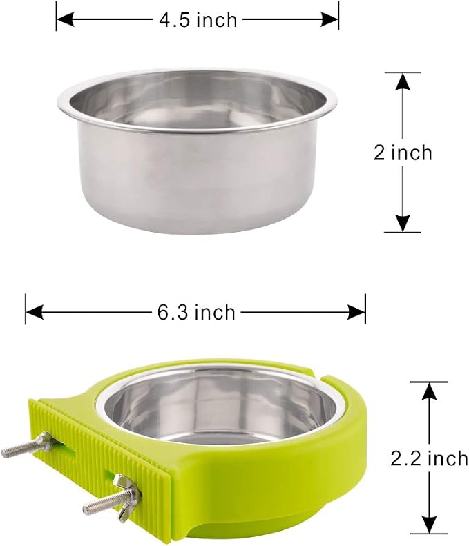 Crate Dog Bowl Removable Stainless Steel Water Food Feeder Bowls Cage Coop Cup for Cat Puppy Bird Pets (Small, Green with Corrugated Clip)
