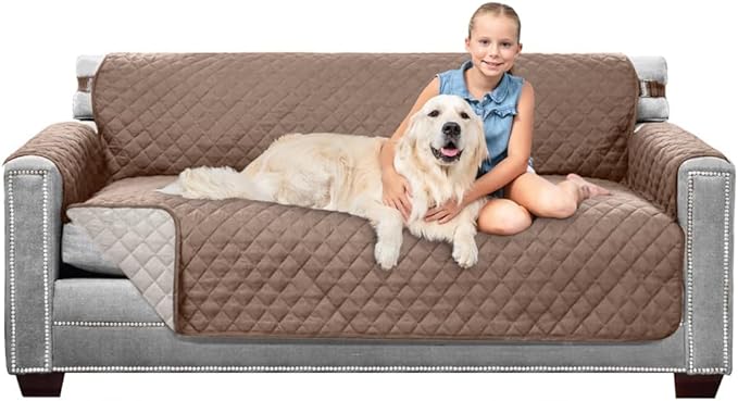 Sofa Shield® Couch Slip Covers for Dogs, Reversible Furniture Protector with Strap, Stain and Tear Resistant Cushion Cover, 70 inch Seat, Machine Washable Slipcover Pets, Cats, Latte Linen