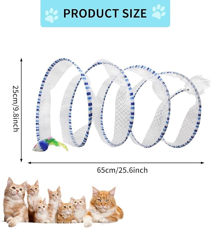 Andiker Spiral Tunnel for Cats, 21.45” Collapsible Cat Tunnel with Feather Toy and Plush Mouse Interactive Cat Toys for Indoor Cats to Relieve Boredom for Kitten (Blue)