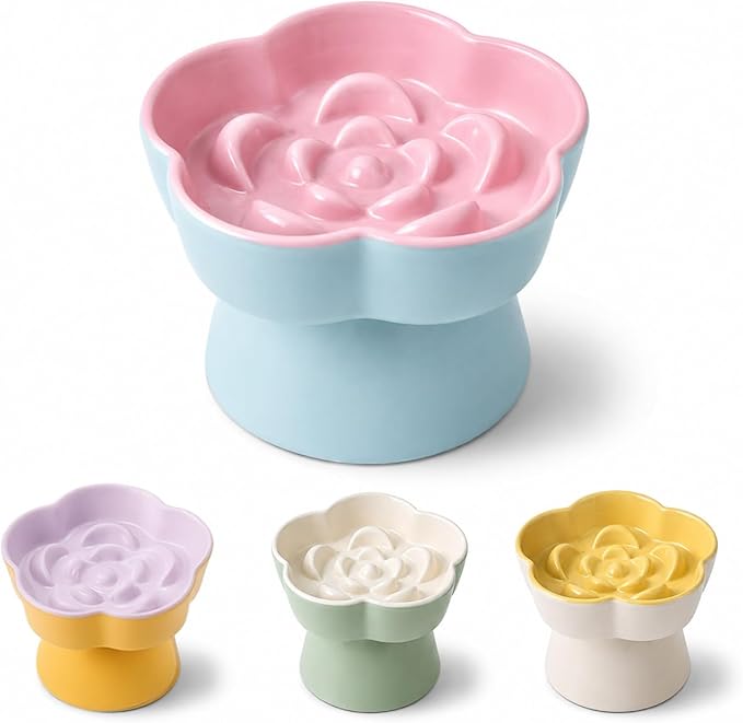 Elevated Ceramic Slow Feeder Cat Bowl, 15° Tilted Feeding Dish Helps Reduce Fast Eating and Vomiting, Whisker-Friendly Heavy Smooth Matte Ceramic, Dishwasher Safe (Blue/Pink)
