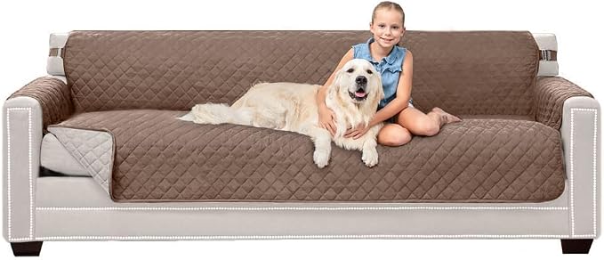 Sofa Shield® Couch Slip Covers for Dogs, Reversible Furniture Protector with Strap, Stain and Tear Resistant Cushion Cover, 88 inch Seat, Machine Washable Slipcover Pets, Cats, Latte Linen