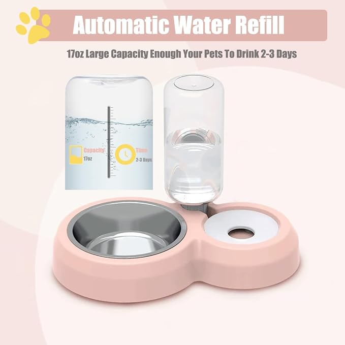 Double Dog Cat Bowls, Cat Food and Water Bowl Set with Auto-Water Dispenser and Stainless Steel Bowl Feeder for Small Size Dogs & Cats, Gift of Anti-Slip Mat, Chic Pink