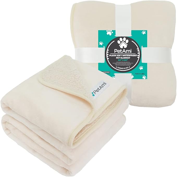 PetAmi Waterproof Dog Blanket Sherpa Fleece, Pet Medium Large Dogs, Reversible Cat Throw Bed Couch Sofa Furniture Protector, Soft Plush Polyester (X-Large 60x80, Beige), X-Large (60x80)