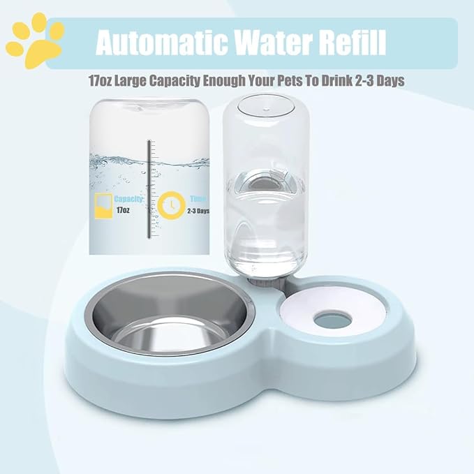 Double Dog Cat Bowls, Cat Food and Water Bowl Set with Auto-Water Dispenser and Stainless Steel Bowl Feeder for Small Size Dogs & Cats, Gift of Anti-Slip Mat, Chic Blue