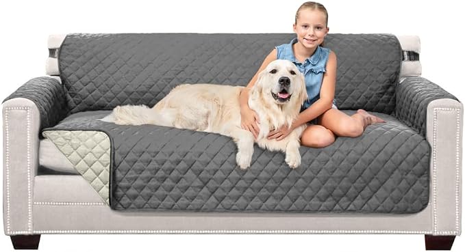 Sofa Shield® Couch Slip Covers for Dogs, Reversible Furniture Protector with Strap, Stain and Tear Resistant Cushion Cover, 70 inch Seat, Machine Washable Slipcover Pets, Cats, Charcoal Linen