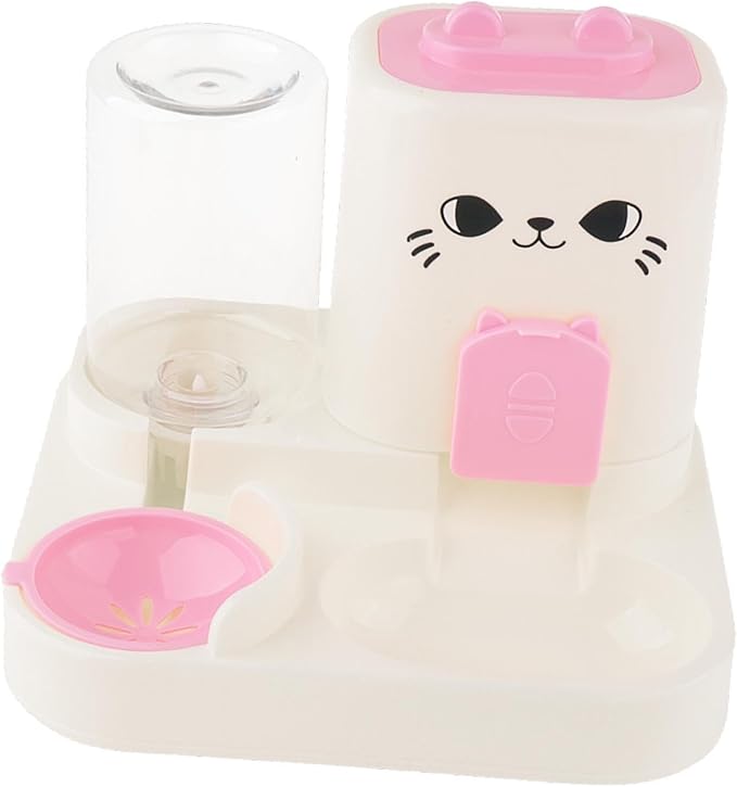 2 in 1 Automatic Pet Feeder Water Dispenser Portable Travel Supplies Cat Food Bowl Food Container for Kitten Small Dogs Bunny, Pink