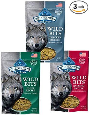 Blue Buffalo Wilderness Trail Treats Grain-Free Wild Bits Dog Treats - 3 Flavors (Salmon, Chicken, & Duck) - 4 Ounces Each (3 Total Pouches)