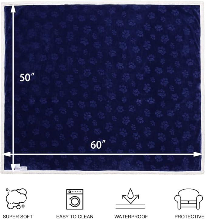 Qeils Waterproof Blanket for Bed, Dog Blankets for Large Dogs, Waterproof Cat Blanket Washable, Soft Sherpa Fleece Puppy Blanket, Reversible Throw Protector for Couch Car, 50"X60", Navy Blue