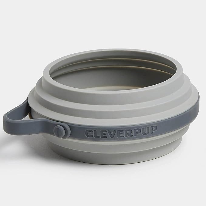 Cleverpup Nomad Small Collapsible Travel Dog Bowl - 2 Cup BPA-Free Silicone for Small & Medium Dogs, Portable & Sturdy, Food & Water, Dishwasher Safe - Grey Silicone