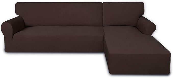 PureFit Super Stretch Sectional Couch Covers - 2 pcs Spandex Non Slip Sofa Covers with Elastic Bottom for L Shape Sectional Sofa Couch, Great for Kids & Pets（3 Seat Sofa + 3 Seat Chaise, Chocolate