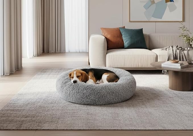 The Dog’s Bed Calming Donut Dog Bed, Plush Faux Fur Round Cuddler Nest – CertiPUR-Certified Foam, One-Piece Design, Raised Bolster – Medium (30"), Silver Grey