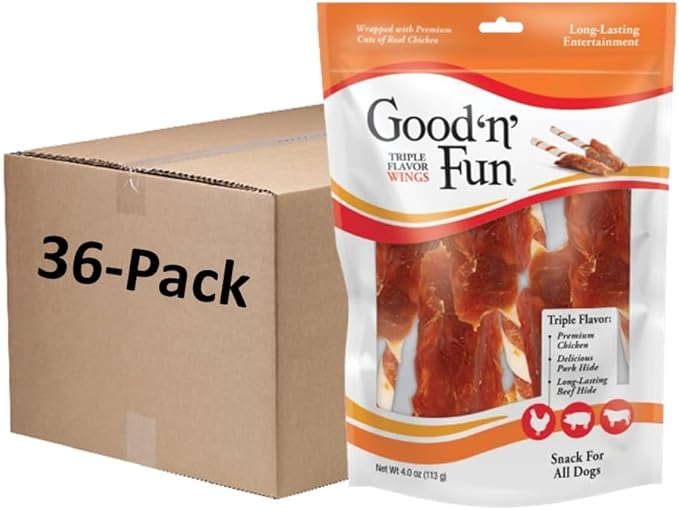 Good ‘n’ Fun Triple Flavor Wings Chews for All Dogs, 4 Ounces, Treat Your Dog to Long-Lasting Chews Made with Chicken, Pork Hide and Beef Hide