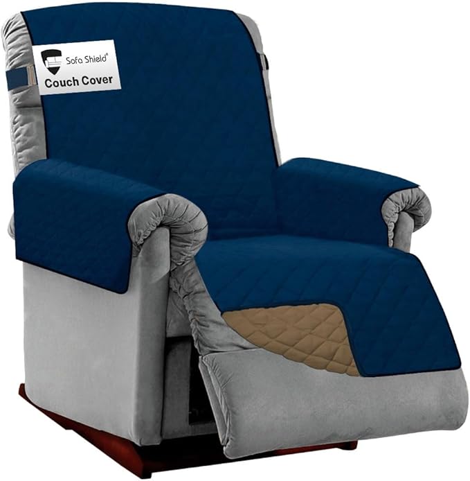 Sofa Shield® Couch Recliner Covers for Dogs, Reversible Furniture Protector with Strap, Stain and Tear Resistant Cushion Cover, 28 inch Seat, Machine Washable Slipcover Pets, Cats, Navy Sand