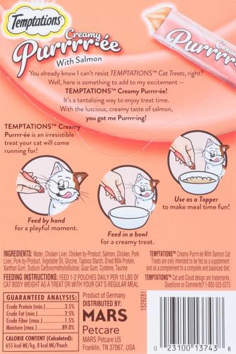 Temptations Creamy Puree Squeezable Lickable Cat Treats, Wet Cat Treats with Salmon, 0.42 oz. Tubes, 4 Count, Pack of 11 (44 Total)