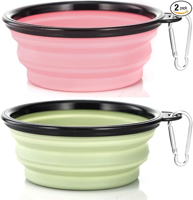 Dog Bowl Pet Collapsible Bowls, 2 Pack Collapsible Dog Water Bowls for Cats Dogs, Portable Pet Feeding Watering Dish for Walking Parking Traveling with 2 Carabiners (Small, Fairy Pink+Sprout Green)