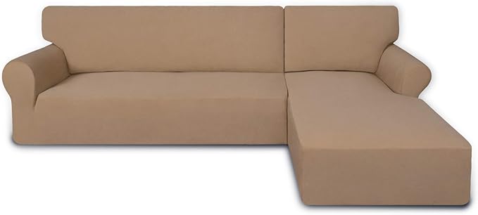 PureFit Super Stretch Sectional Couch Covers - 2 pcs Spandex Non Slip Sofa Covers with Elastic Bottom for L Shape Sectional Sofa Couch, Great for Kids & Pets (3 Seat Sofa + 3 Seat Chaise, Camel)