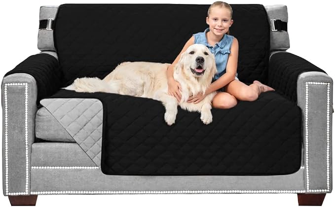 Sofa Shield® Couch Loveseat Covers for Dogs, Reversible Furniture Protector with Strap, Stain and Tear Resistant Cushion Cover, 54 inch Seat, Machine Washable Slipcover Pets, Cats, Black Gray