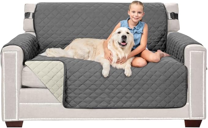 Sofa Shield® Couch Loveseat Covers for Dogs, Reversible Furniture Protector with Strap, Stain and Tear Resistant Cushion Cover, 54 inch Seat, Machine Washable Slipcover Pets, Cats, Charcoal Linen