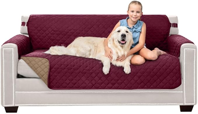 Sofa Shield® Couch Slip Covers for Dogs, Reversible Furniture Protector with Strap, Stain and Tear Resistant Cushion Cover, 62 inch Seat, Machine Washable Slipcover Pets, Cats, Burgundy Tan