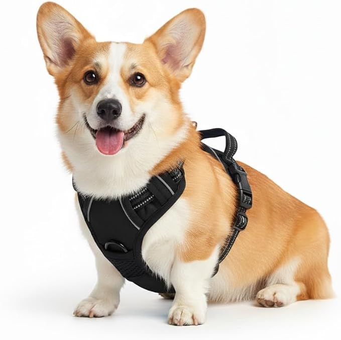 No Pull Dog Harness, Small Black Tactical Vest Harness, 900D Heavy Duty Nylon Reflective Pet Harness with Front & Back Easy Control Handles, Adjustable Soft Padded Vest for Small Dogs Corgi