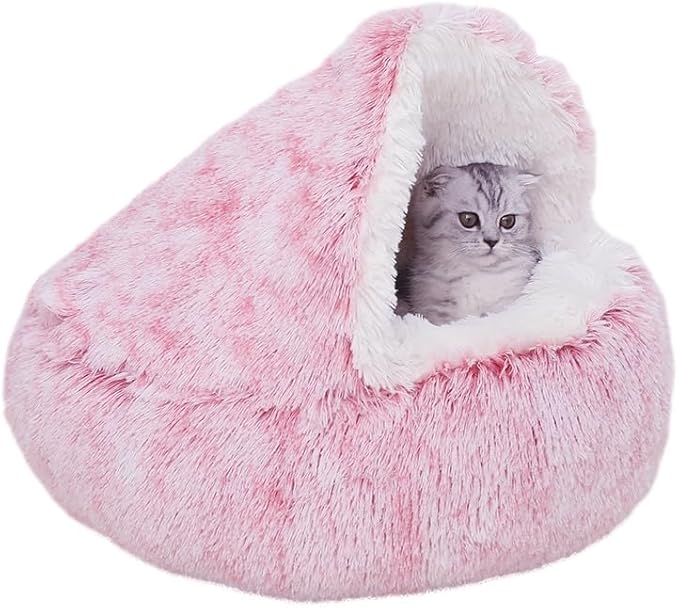 ZaneSun Calming Round Dog Bed & Cat Cave with Hooded Cover, Plush Fluffy Anti-Anxiety Cat Bed, Waterproof Bottom Washable (Pink, 20x20inch)