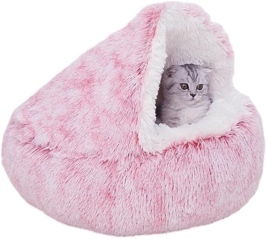 ZaneSun Calming Round Dog Bed & Cat Cave with Hooded Cover, Plush Fluffy Anti-Anxiety Cat Bed, Waterproof Bottom Washable (Pink, 20x20inch)