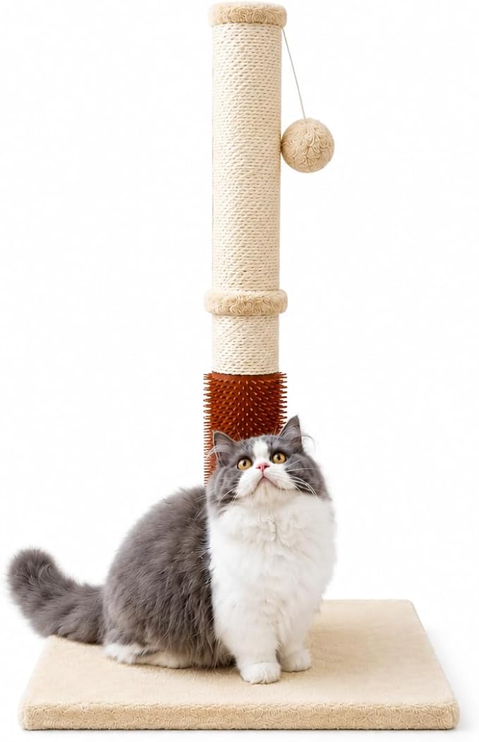 MeowHomm 32" Cat Scratching Post with Self Groomer Cat Brush, Sisal Rope Tall Cat Scratching Post with Soft Hanging Ball for Indoor Cats, Cat Claw Scratcher Covered with Soft Smooth Plush