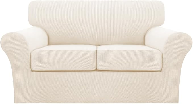 Turquoize 3 Piece Sofa Covers for 2 Cushion Couch Sofa Slipcover Soft Couch Cover for Dogs-Washable Sofa Furniture Cover with 2 Individual Cushion Covers, Thick Jacquard Fabric (Loveseat, Cream)