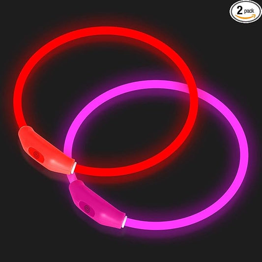 Novkin 2-Pack LED Dog Collar, Light Up Dog Collars,Rechargeable Dog Lights for Night Walking，Universal, Reusable Safety Necklace for Small Medium Large Dogs RED&Pink