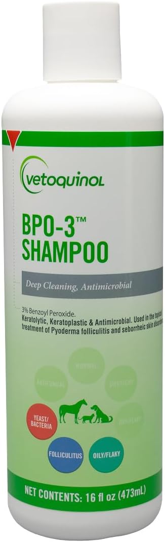 Vetoquinol BPO-3 Shampoo for Dogs, Cats & Horses (3% Benzoyl Peroxide) – 16oz – Deep Cleaning, Medicated Shampoo Opens & Flushes Hair Follicles – Degreases Oily Coats – Soothes Red, Flaky, Itchy Skin