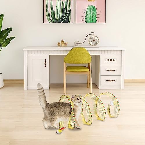 Andiker Spiral Tunnel for Cats, 21.45” Collapsible Cat Tunnel with Feather Toy and Plush Mouse Interactive Cat Toys for Indoor Cats to Relieve Boredom for Kitten (Yellow)