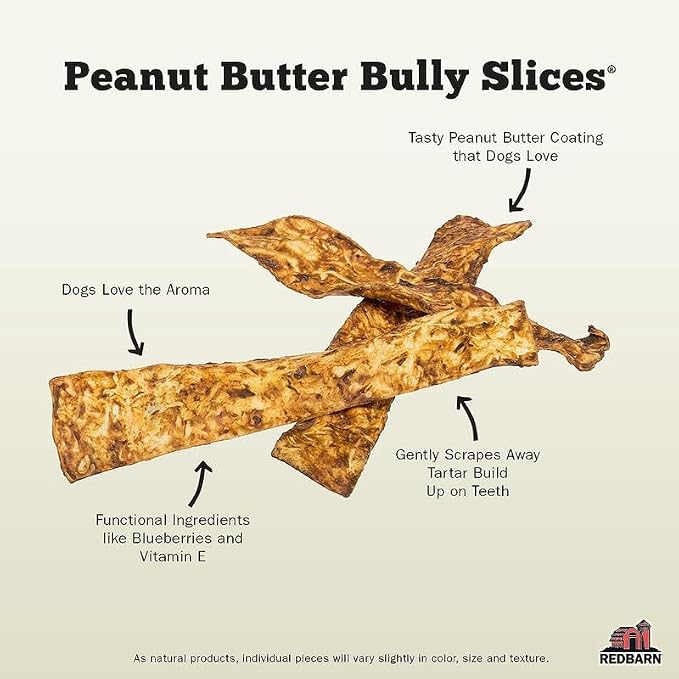 Redbarn Pet Products Bully Slices Beef Hide Dog Treats, Peanut Butter Flavor - Slow Roasted Grain-Free Rawhide Chew No Artificial Preservatives - 9 oz. 12 Bags