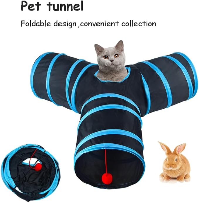 3-Way Collapsible Cat Tunnel Tube Toy Black Blue — Interactive Play Tunnel with Hanging Ball & Peek Hole for Indoor Cats, Kittens, Puppies & Rabbits | Hours of Fun & Exercise