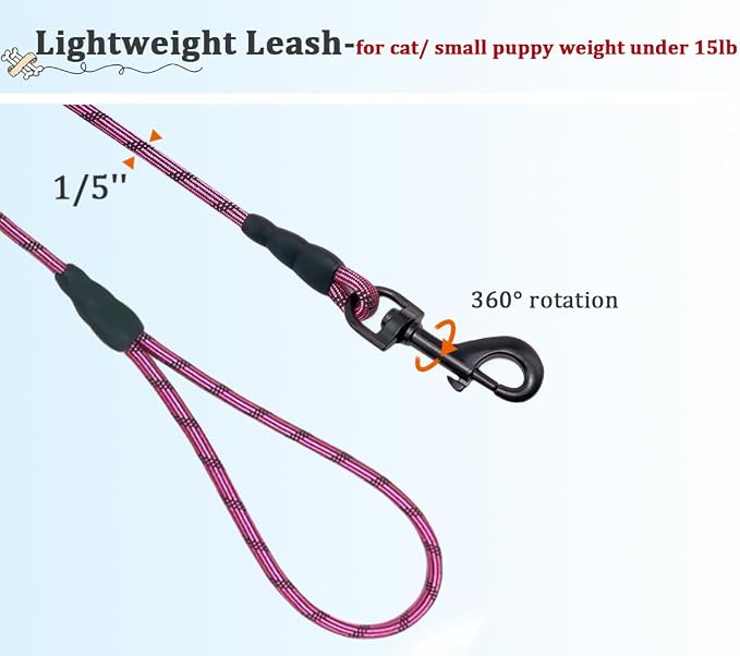 WYuZe Reflective Tiny Dog Leash 6 FT, Thin 1/5" Lightweight Rope Leash for Puppy Training, Walking Leads for Cats Chihuahua Maltese Small Dogs Up to 15lb, Pink