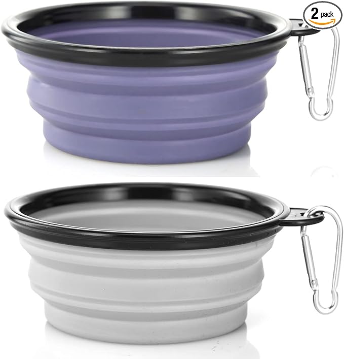 Dog Bowl Pet Collapsible Bowls, 2 Pack Collapsible Dog Water Bowls for Cats Dogs, Portable Pet Feeding Watering Dish for Walking Parking Traveling with 2 Carabiners (Small, Purple & Concrete Gray)