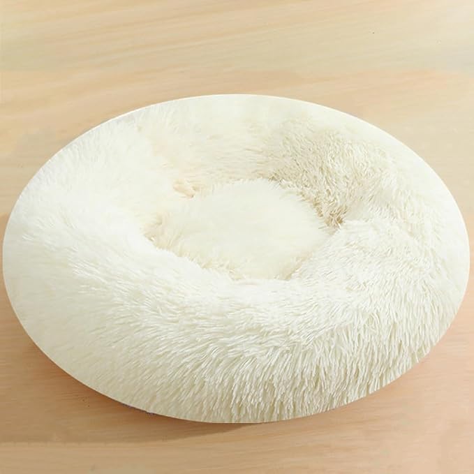 Dog & Cat Bed, 27 Inch Cat Beds for Indoor Cats, Calming Donut Bed for Small Medium Dogs and Cats, Anti-Anxiety Plush Faux Fur Large Cat Beds Washable, White