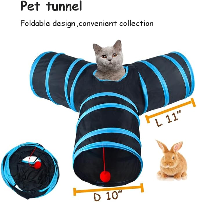 3-Way Collapsible Cat Tunnel Tube Toy Black Blue — Interactive Play Tunnel with Hanging Ball & Peek Hole for Indoor Cats, Kittens, Puppies & Rabbits | Hours of Fun & Exercise