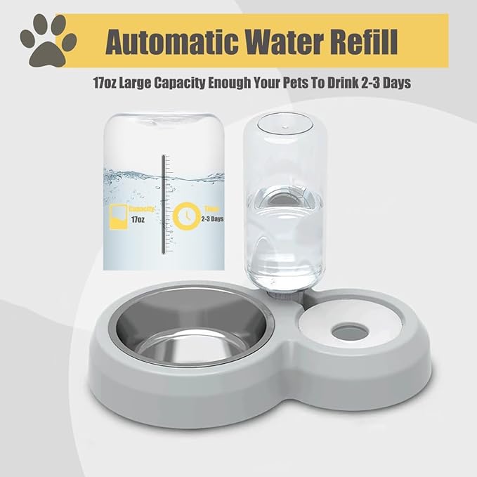 Double Dog Cat Bowls, Cat Food and Water Bowl Set with Auto-Water Dispenser and Stainless Steel Bowl Feeder for Small Size Dogs & Cats, Gift of Anti-Slip Mat, Chic Gray
