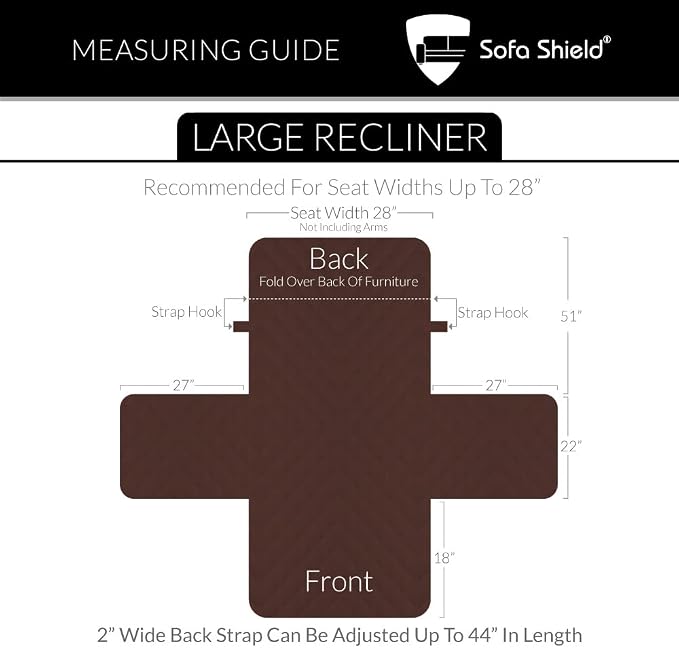 Sofa Shield® Couch Recliner Covers for Dogs, Reversible Furniture Protector with Strap, Stain and Tear Resistant Cushion Cover, 28 inch Seat, Machine Washable Slipcover Pets, Cats, Chocolate