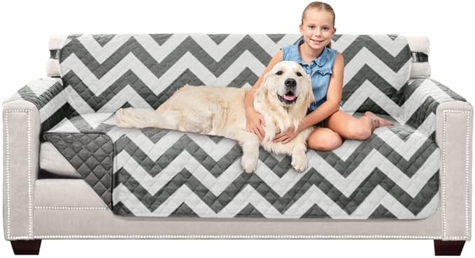 Sofa Shield® Couch Slip Covers for Dogs, Reversible Furniture Protector with Strap, Stain and Tear Resistant Cushion Cover, 70 inch Seat, Machine Washable Slipcover Pets, Cats, Chevron Linen