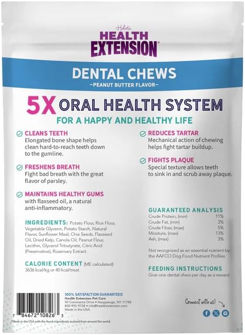 Health Extension Peanut Butter Dental Bones for Dogs, 8 Medium Bones, Healthy Gums, Freshens Breath, Cleans Teeth, Training or Reward, 6 oz Bag (Pack of 4)