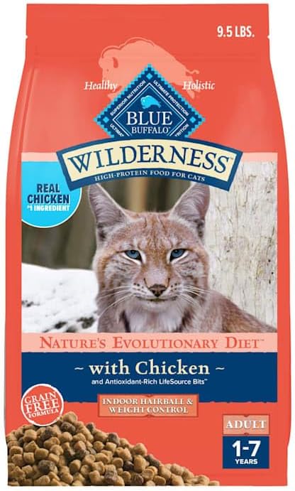Blue Buffalo Wilderness High-Protein, Grain-Free Natural Dry Food for Adult Cats, Weight and Hairball Control, Chicken, 9.5-lb. Bag