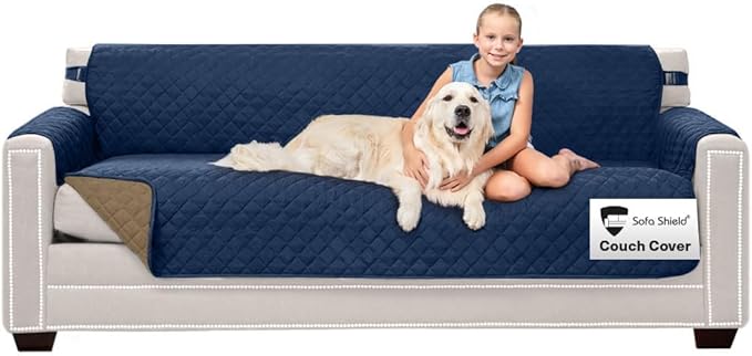 Sofa Shield® Couch Slip Covers for Dogs, Reversible Furniture Protector with Strap, Stain and Tear Resistant Cushion Cover, 78 inch Seat, Machine Washable Slipcover Dog Pets Cats, Navy Sand