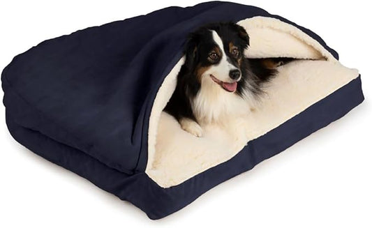 Snoozer Rectangle Cozy Cave Dog Bed - Indoor Dog Bed with Cover Cave, Covered Calming Burrow for Small Sized Pets with Blanket Attached, Enclosed, Washable Cover - Small, Navy
