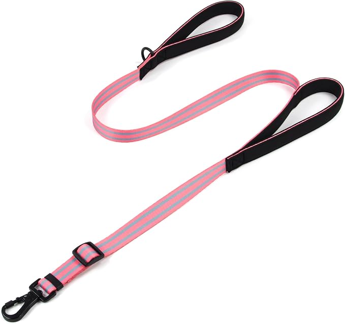 Dog Leash for Large Dogs, Double Handle Heavy Duty Adjustable Leash with Soft Padded Handles, Traffic Control Training Lead for Walking, Running (Pink & Grey Stripe, 6 ft)