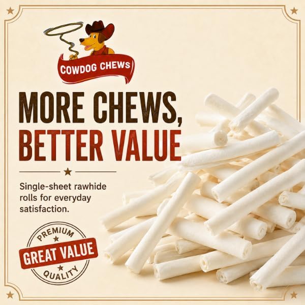 Cowdog Chews Beefhide Roll (7-8 inch) Long Lasting Dog Treat Bone, Great for Dental Health and Aggressive Chewers (20 Count)