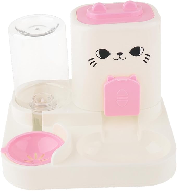 2 in 1 Automatic Pet Feeder Water Dispenser Portable Travel Supplies Cat Food Bowl Food Container for Kitten Small Dogs Bunny, Pink