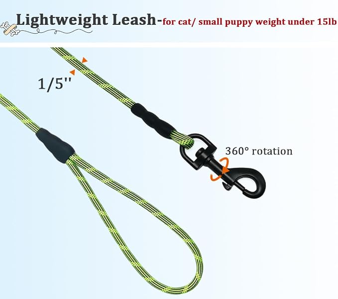 WYuZe Reflective X-Small Dog Leash 6/10/15 FT, Thin 1/5" Lightweight Rope Leash for Puppy Training, Walking Lead for Cats Chihuahua Maltese Small Pets Up to 15lb (6ft, Green)